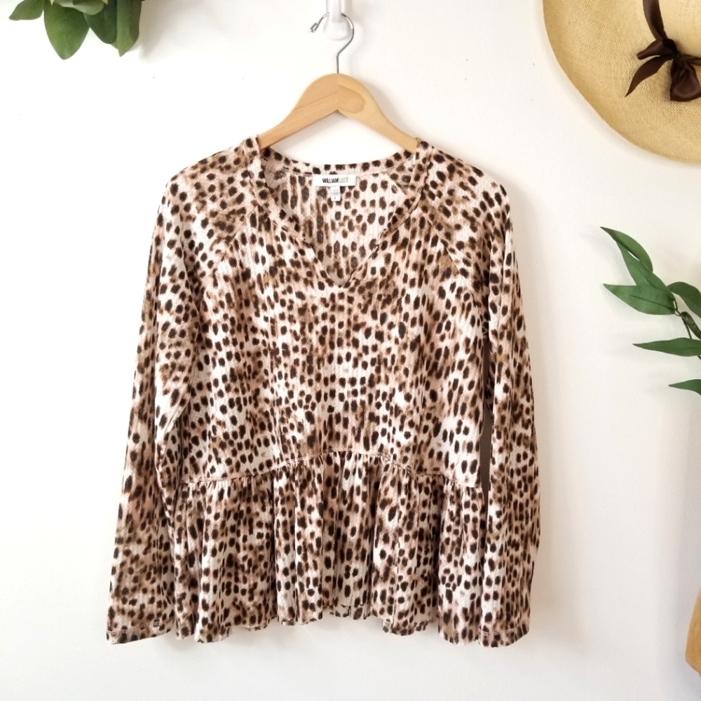 William Rast top Gryphon split neck peplum cheetah thermal shirt L - Picture 1 of 5